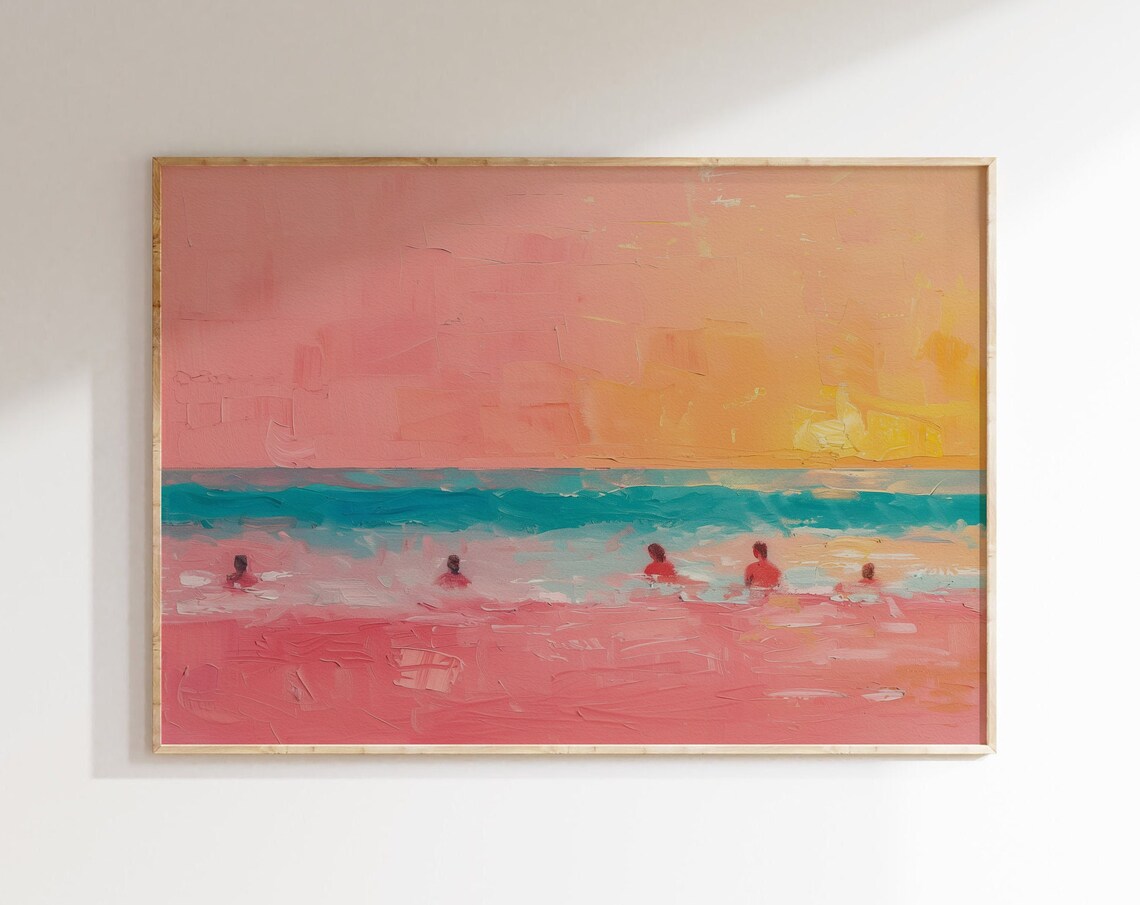 Tiny People Swimming At Sunset, Minimalist Art Print