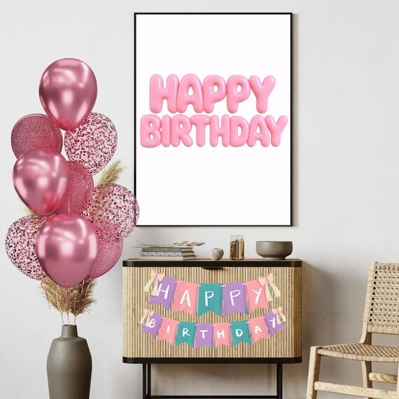 Pink Happy Birthday Balloon Letters Party Celebration Decor Poster