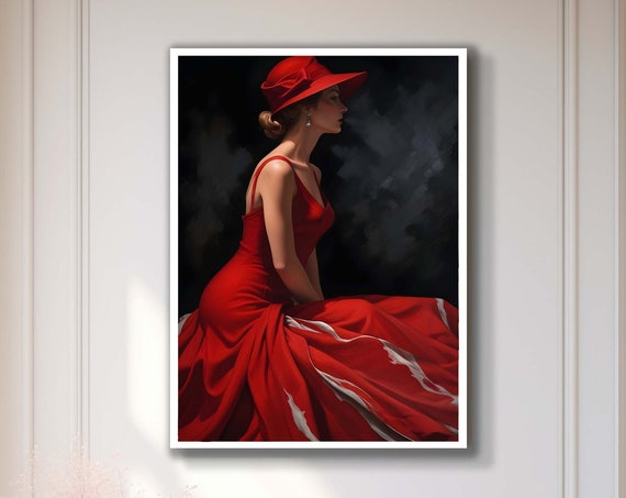 Lady In Red Dress Canvas Art Elegant Woman With Hat Wall Glamorous Fashion Decor