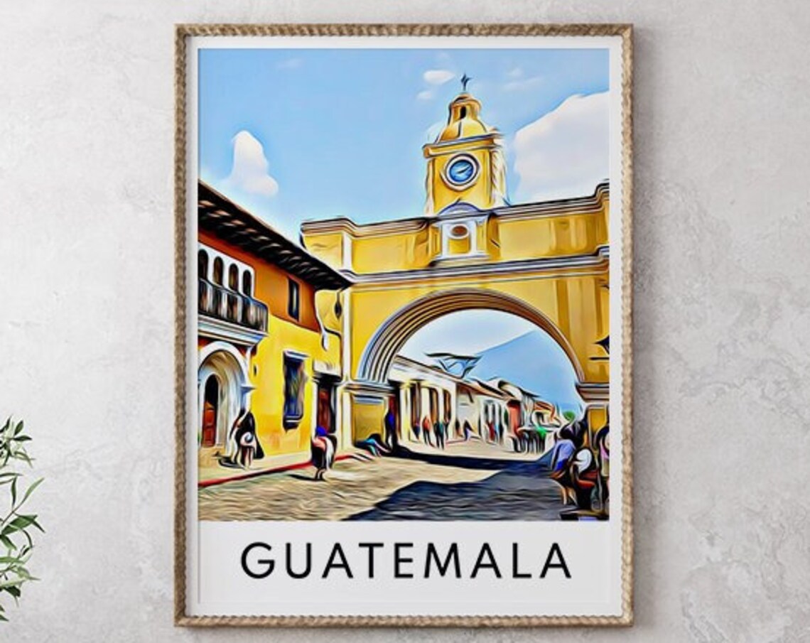 Guatemala Antigua Yellow Arch Clock Tower Daytime Street Poster