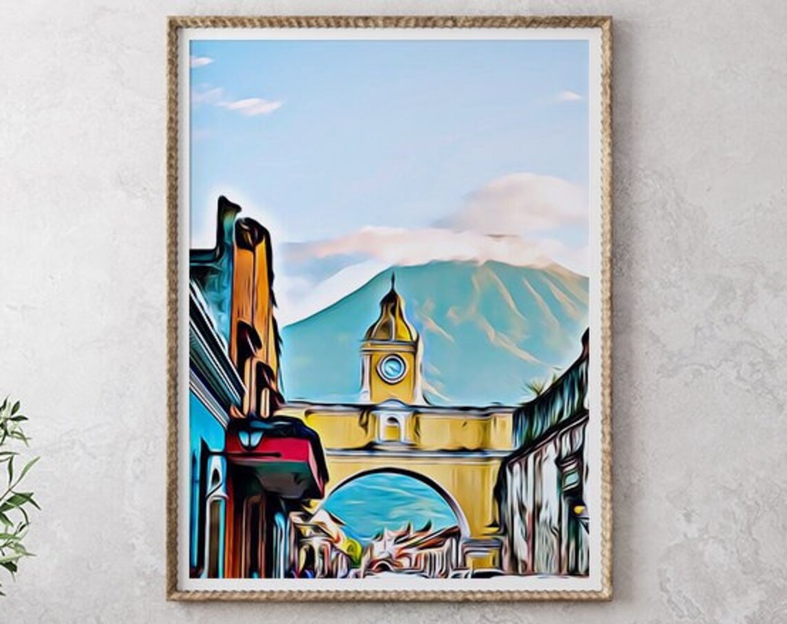 Antigua Guatemala Santa Catalina Arch Volcano Street Painting Poster - Image 2