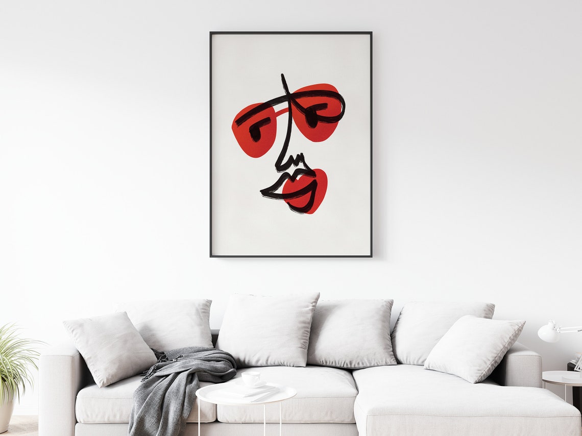 Abstract Face Line Art Red Sunglasses Modern Minimalist Brush Poster - Image 2