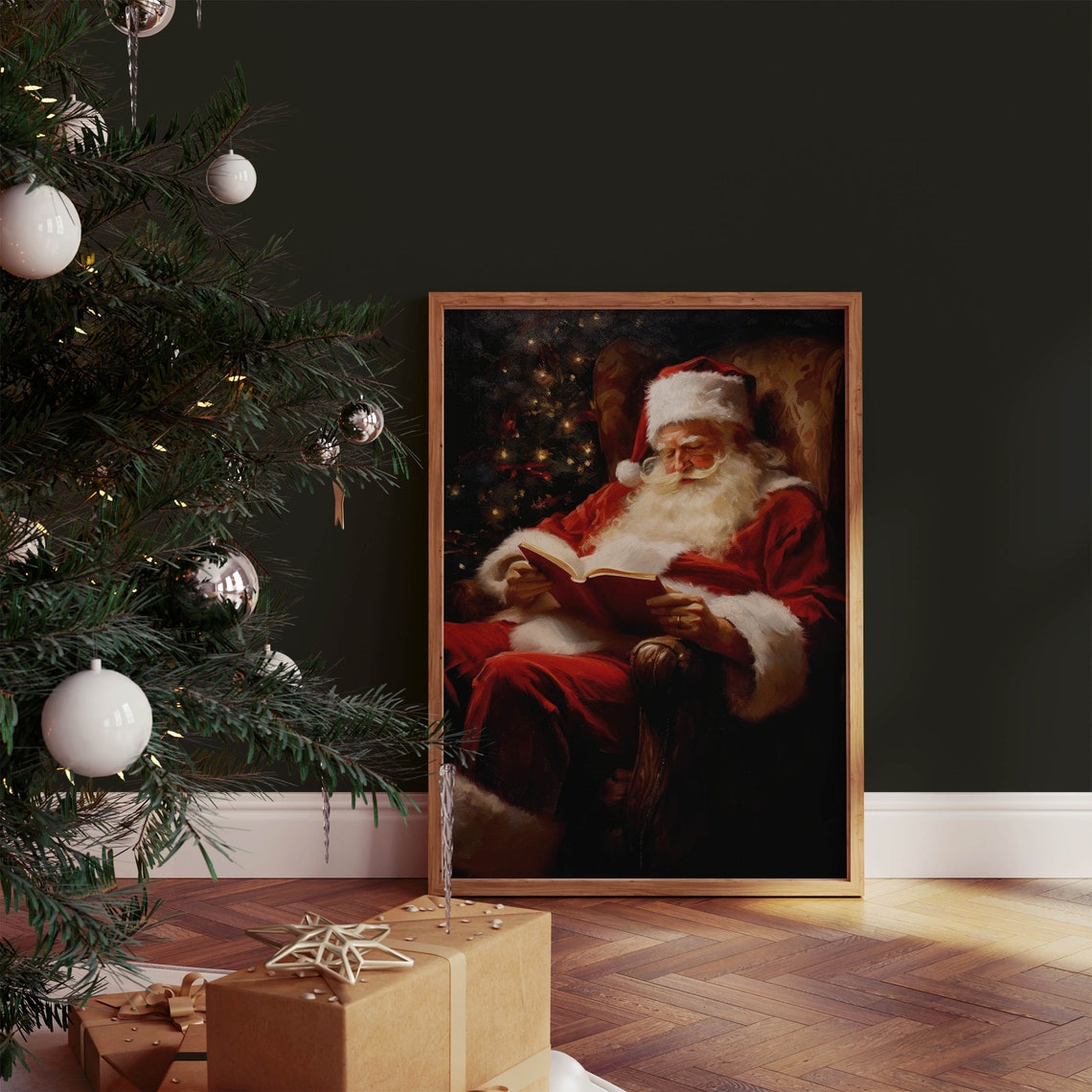 Santa Claus Reading Book Fireside Vintage-Style Christmas Poster - Image 2