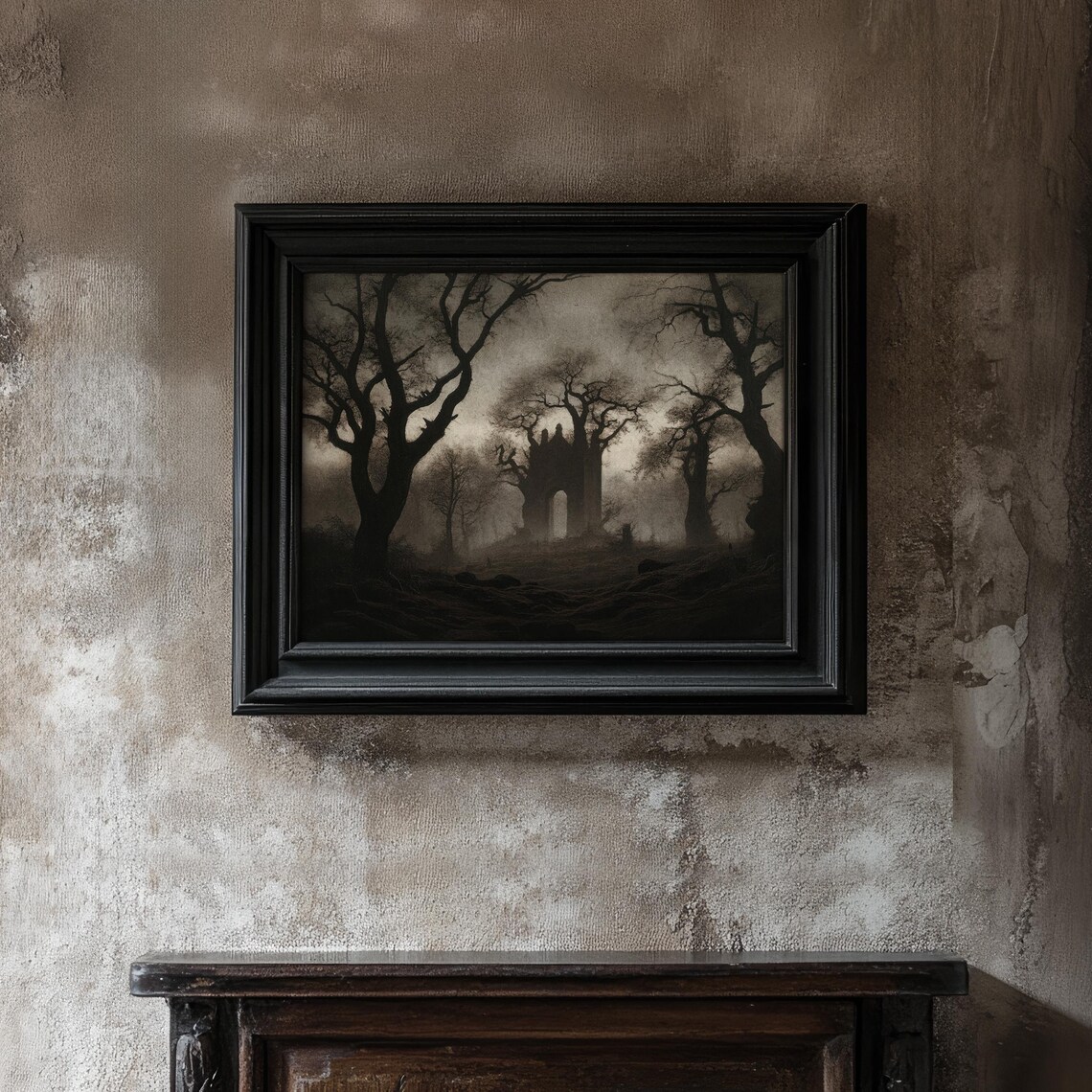 Moody Gothic Abbey Ruin in Misty Forest Dark Academia Art Poster - Image 2
