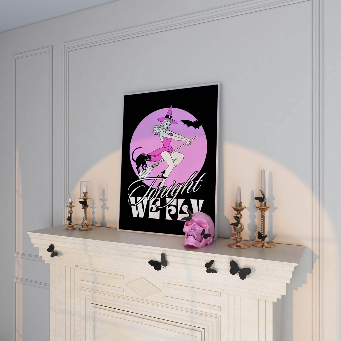 Cute Tonight We Fly Retro Witch Broom Pink Moon Halloween Poster - Image 2