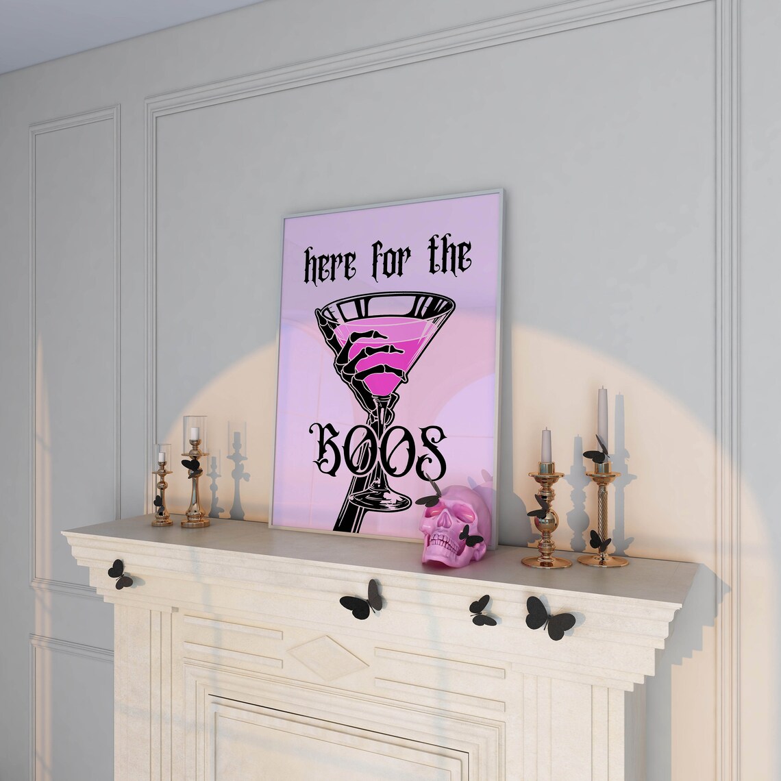 Here For The Boos Pink Martini With Skeleton Hand Halloween Sign Poster - Image 2