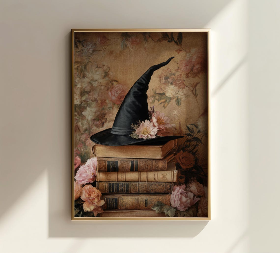 Cute Witch Hat on Vintage Books Pastel Witchy Halloween Poster - Image 2