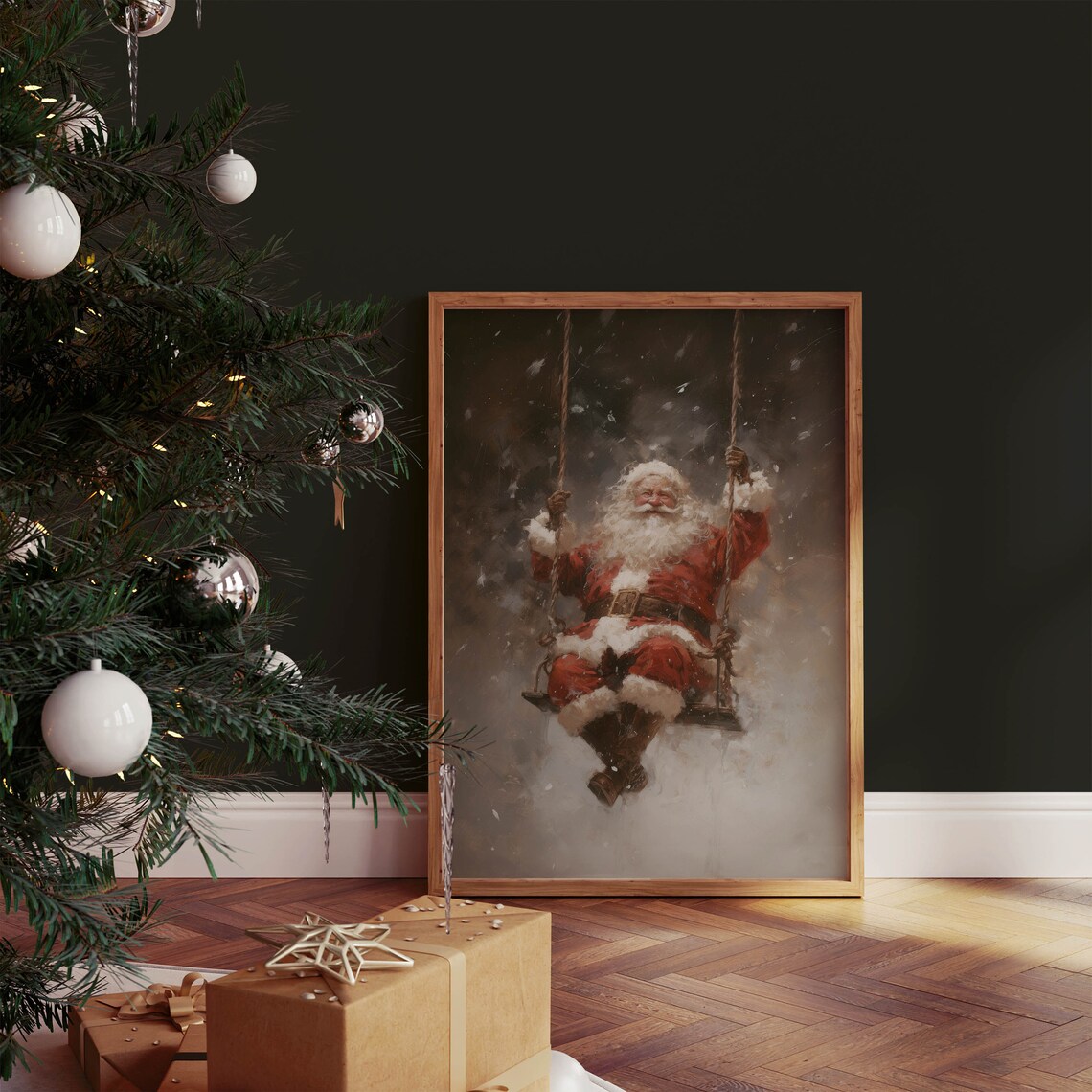 Santa Claus Swinging in the Falling Snow Vintage Oil Painting Poster - Image 2