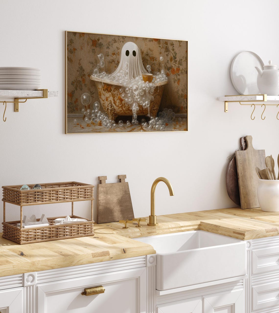 Whimsical Ghost Bubble Bath With Tea Cup Vintage Halloween Poster - Image 2