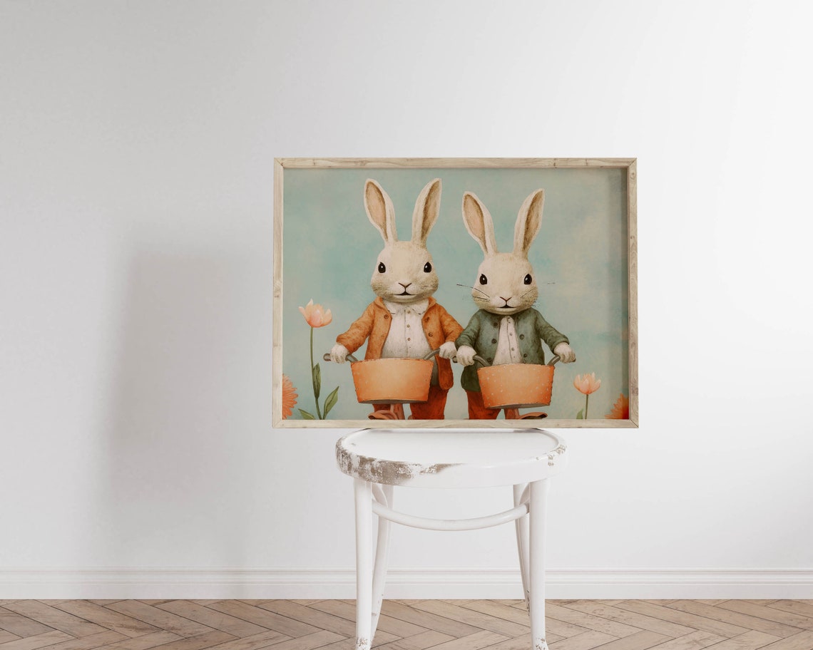 Two Dressed Rabbits Vintage Storybook Easter Spring Friends Poster - Image 2