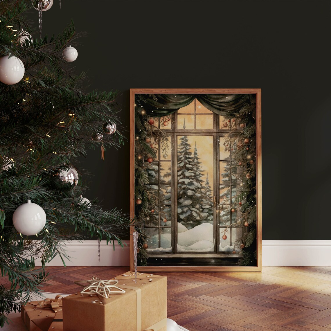 Tall Snowy Pines Seen Through a Christmas Window Painting Poster - Image 2