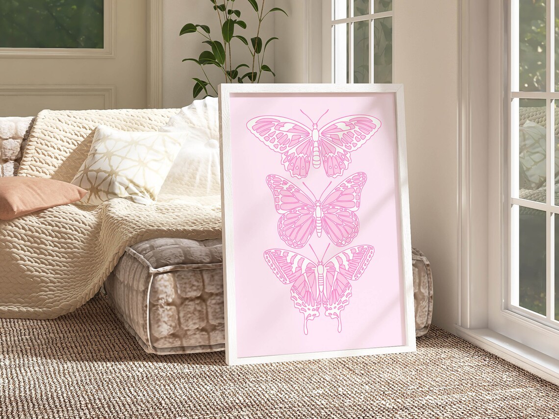 Pink Butterfly Line Art Coquette Aesthetic Preppy Bedroom Wall Poster - Image 2