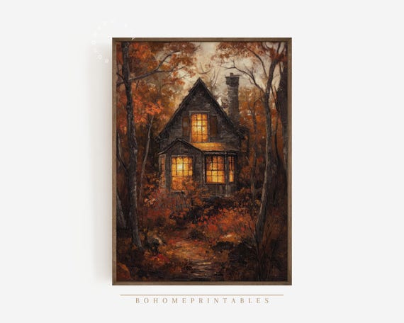 Forest Painting Autumn Wall Art Dark Cottagecore Decor Cozy Autumn Painting Fall Home Decor Moody Landscape Rustic Print Autumn Home Decor