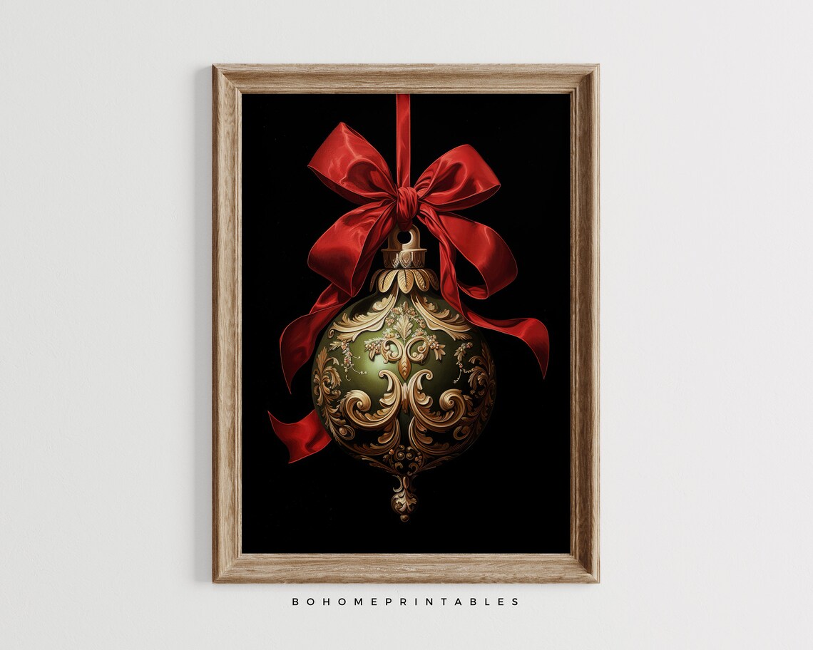 Ornate Green Christmas Bauble Red Bow Vintage Holiday Poster