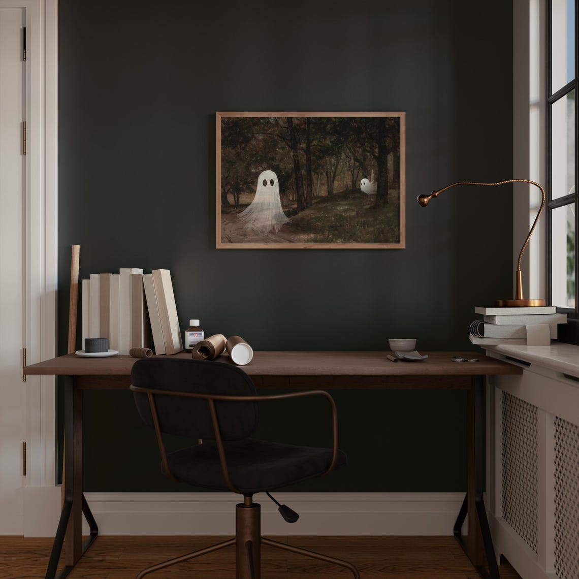 Cute Ghosts in Forest Vintage Moody Halloween Painting Poster - Image 2