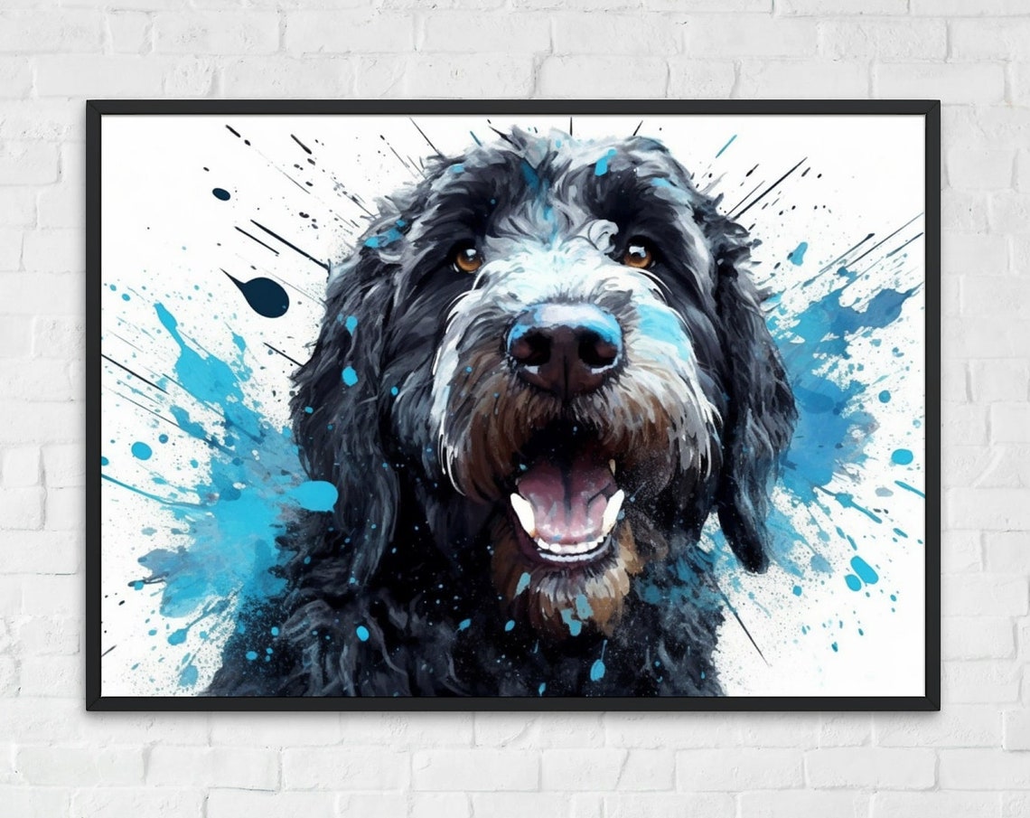 Joyful Black Doodle Dog Portrait With Bright Blue Paint Splash Poster