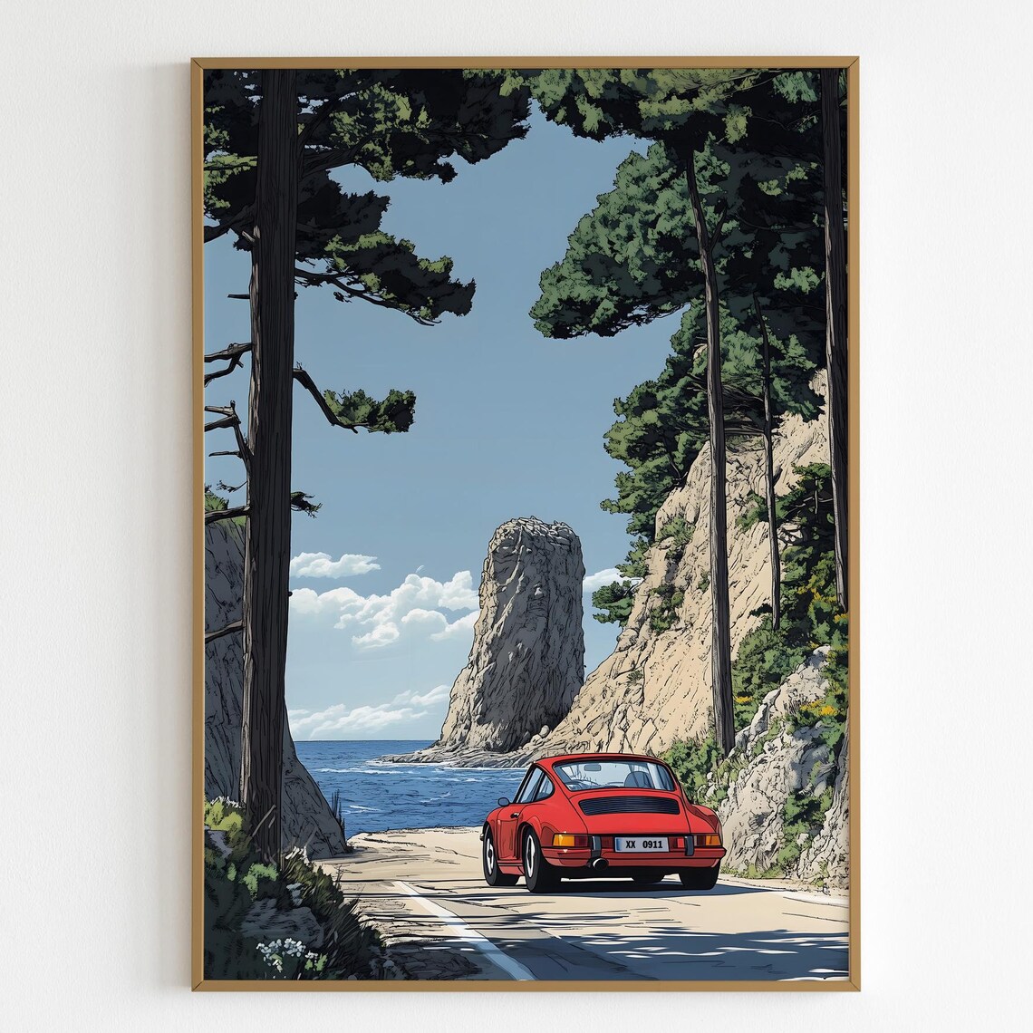 Red Porsche 911 Rocky Seaside Coast Road Drive Adventure Poster