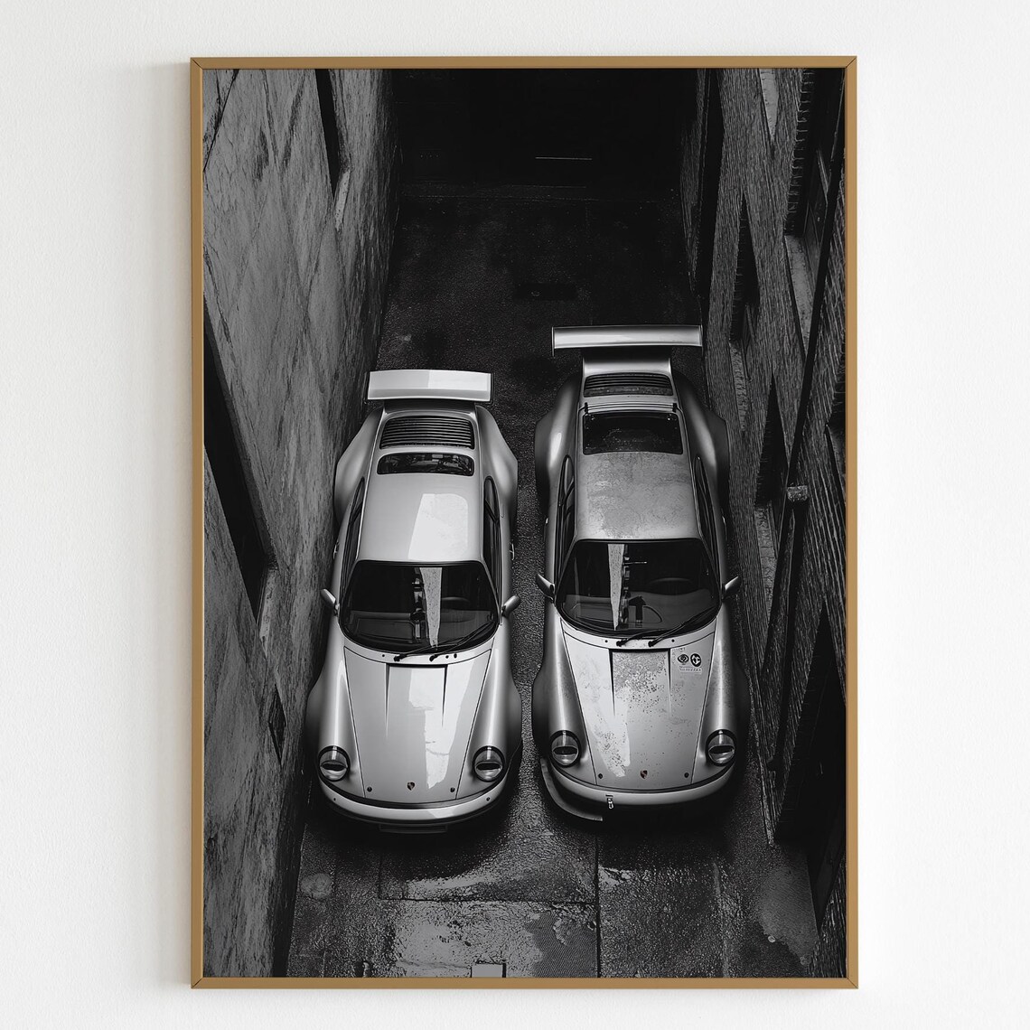 Two White Porsche 911 Cars Brick Alley Black White Photo Poster