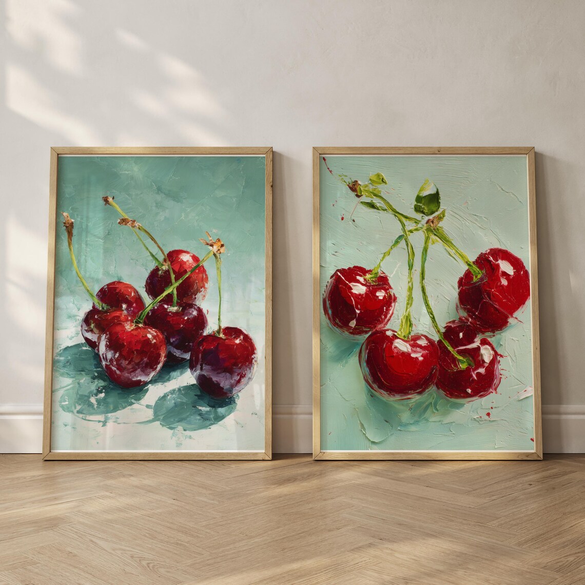 Red Cherries Impasto Oil Painting Set Of Two Kitchen Wall Art