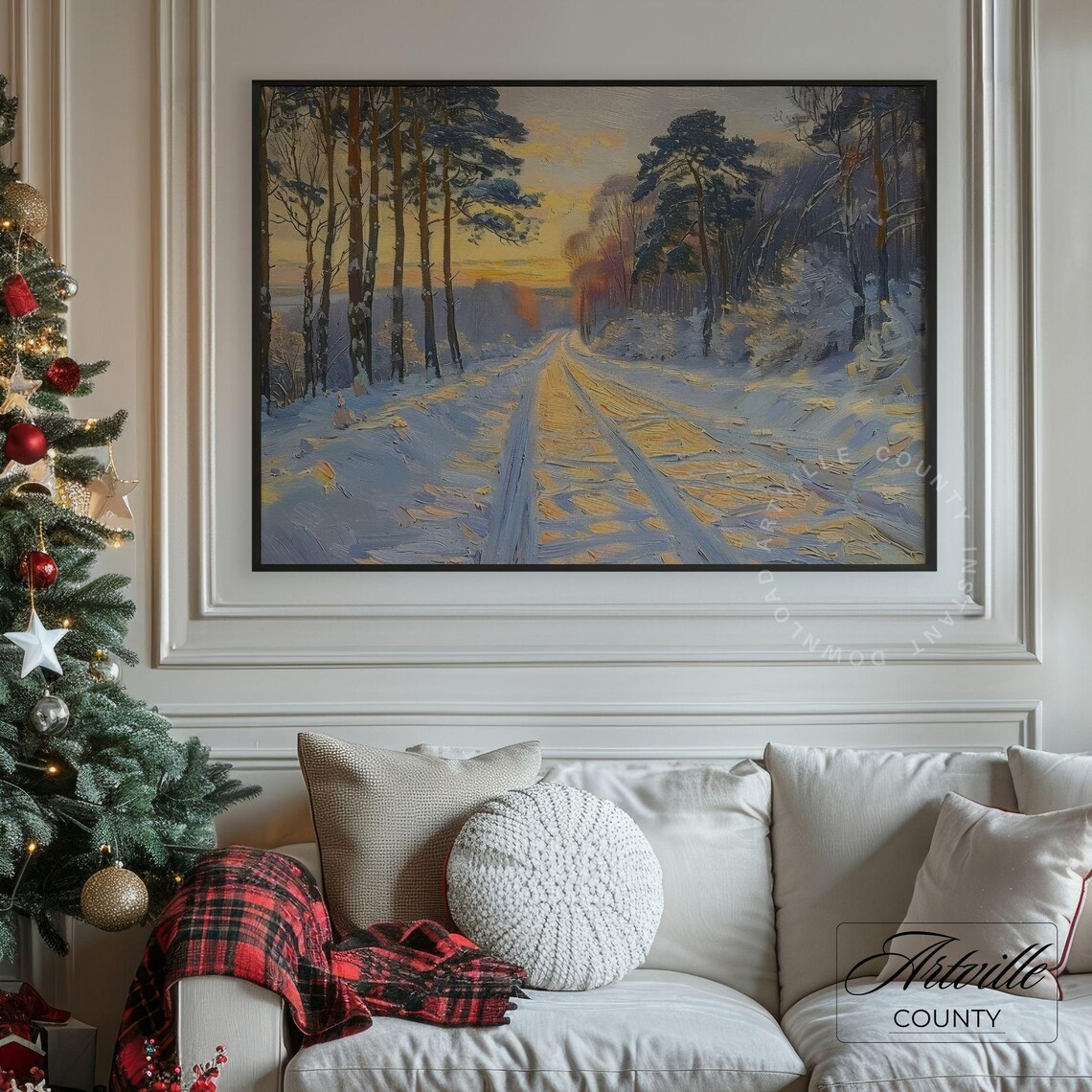 Snowy Forest Road Sunrise Pine Trees Impressionist Oil Painting Poster - Image 3