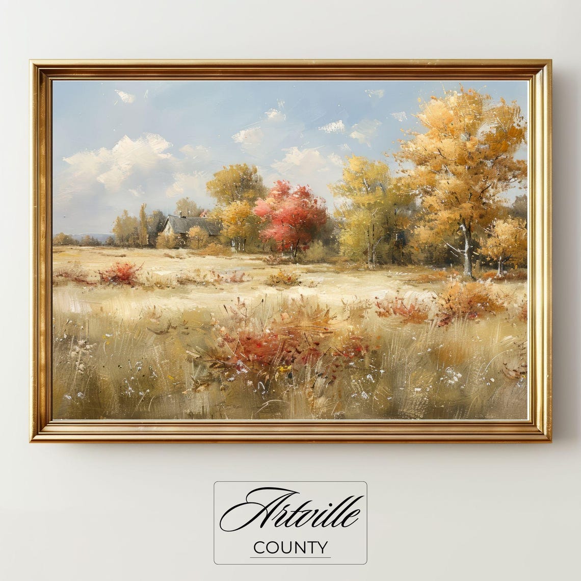 Autumn Countryside Cottage Fall Trees Golden Meadow Landscape Poster - Image 2