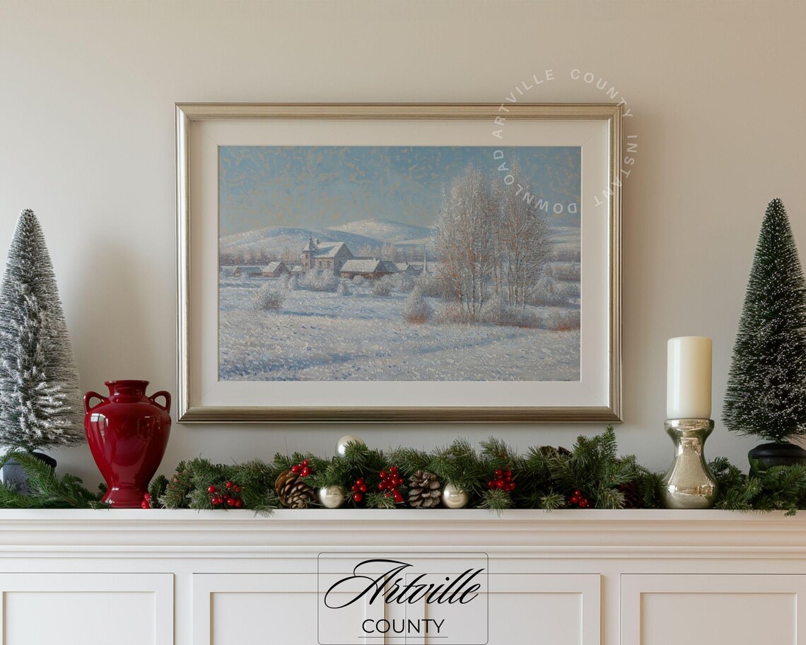 Snow Covered Village Church in Frosted Winter Landscape Poster - Image 5