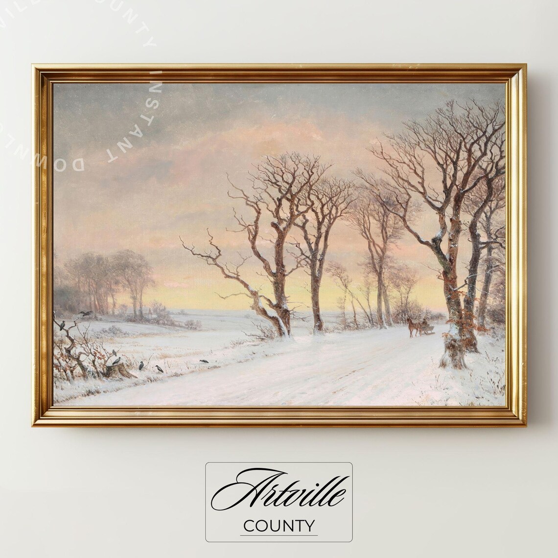 Vintage Winter Landscape Painting Wall Art Horse Sleigh Snowy Forest Sunset