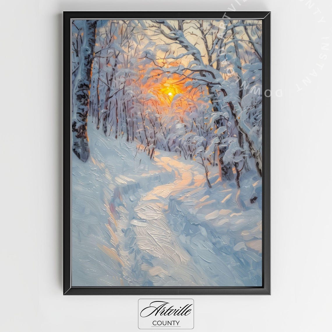 Winter Forest Path at Sunrise Snowy Trees Golden Glow Poster - Image 2