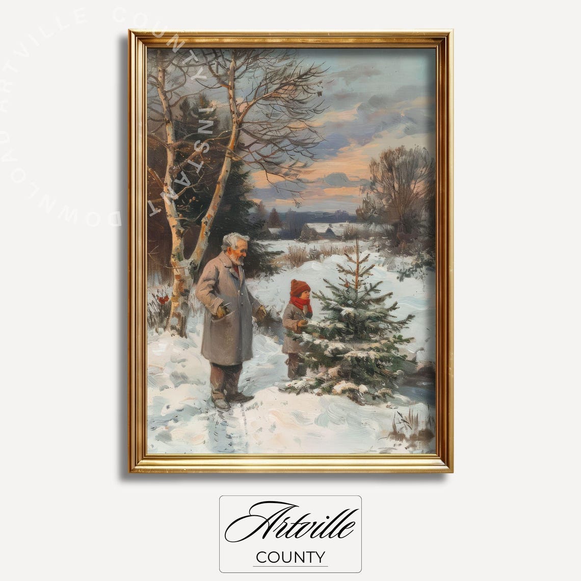 Grandfather and Child Choosing Christmas Tree Snowy Field Poster - Image 2