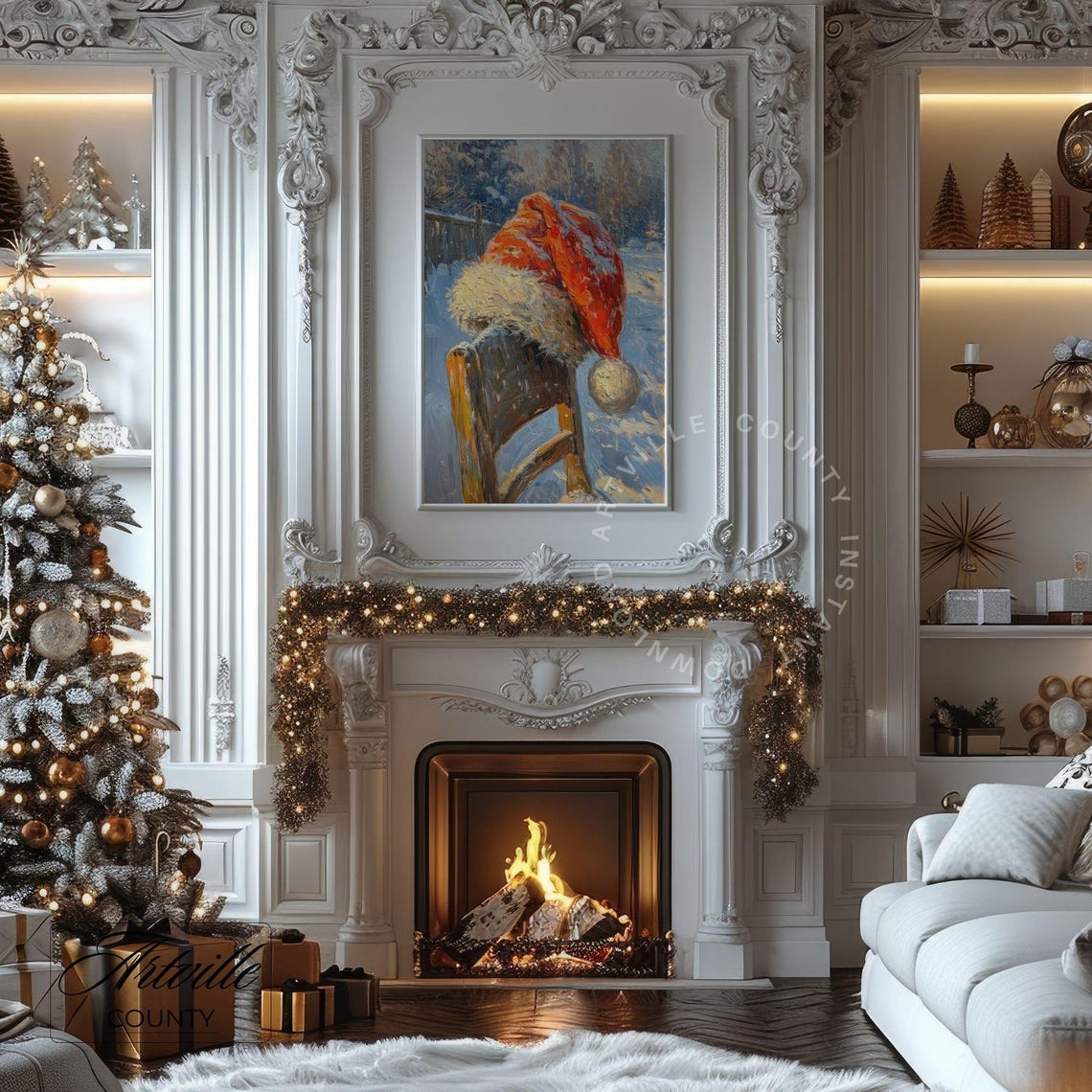 Santa Hat Resting On A Snowy Wooden Chair Vintage Christmas Poster - Image 3