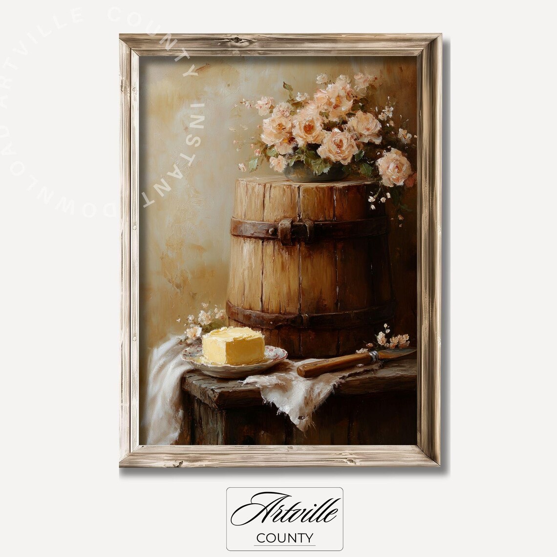 Butter Churn Roses Farmhouse Still Life Classic Oil Painting Poster