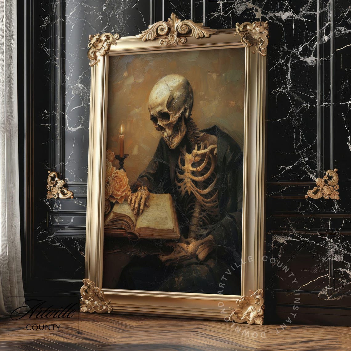 Skeleton Scholar Reading Candlelight Dark Academia Gothic Poster - Image 5