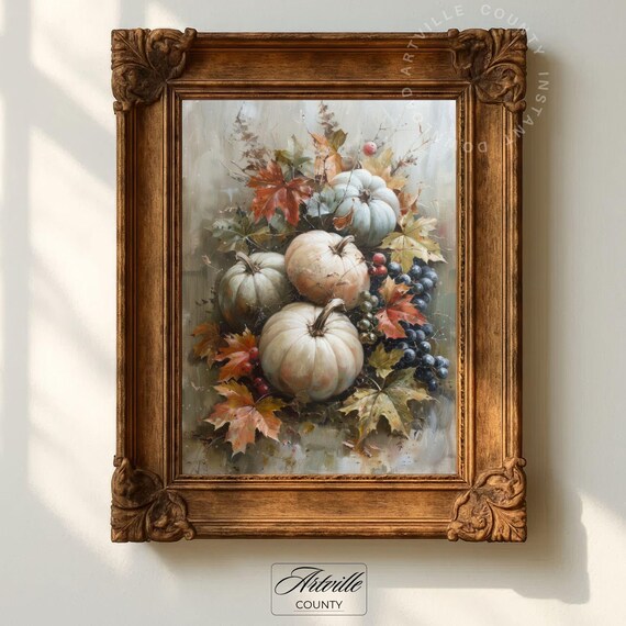 Vintage Autumn Pumpkins Print Fall Harvest Painting Rustic Wall Art Antique Foliage Decor