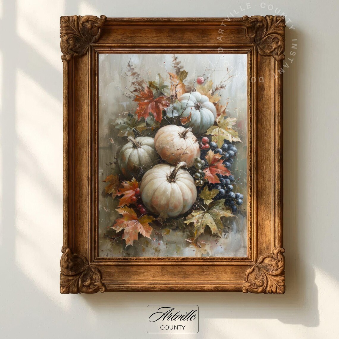 Vintage Autumn Pumpkins Print Fall Harvest Painting Rustic Wall Art Antique Foliage Decor