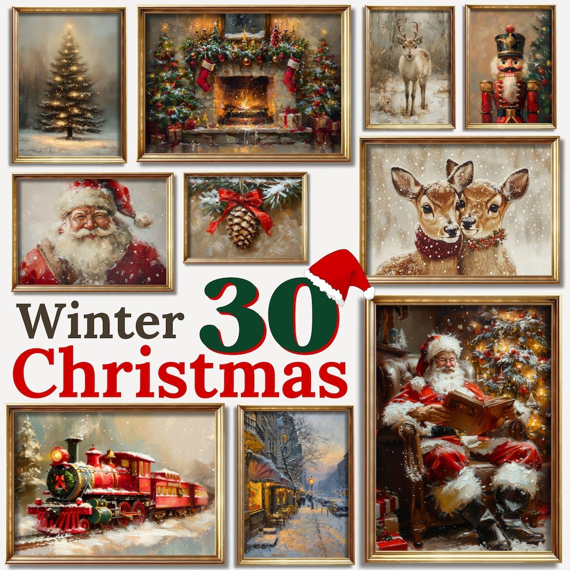 Vintage Christmas Prints Bundle, Rustic Holiday Art