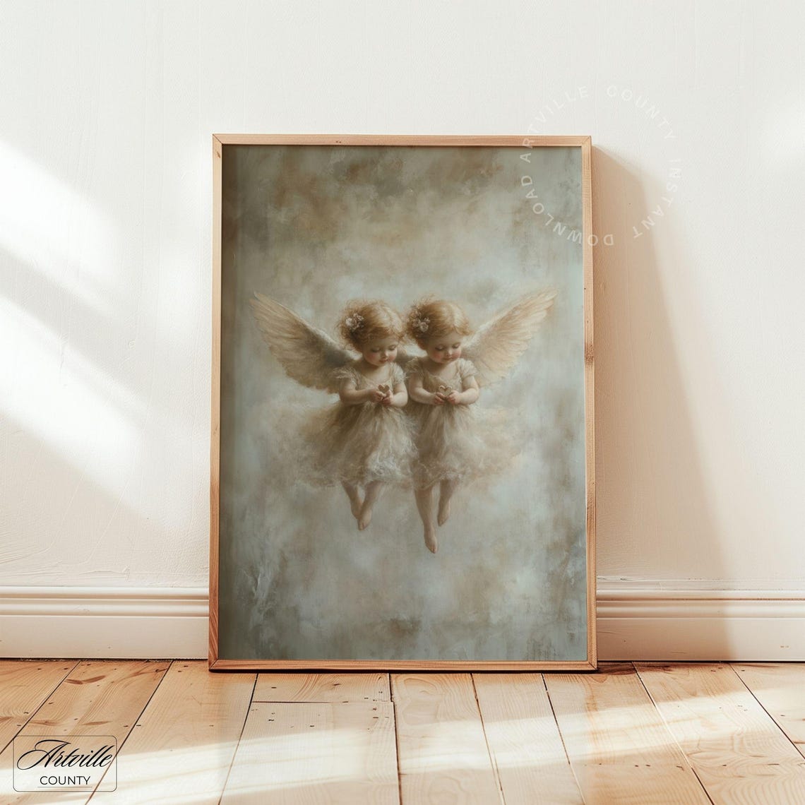 Two Little Angels Floating In Soft Clouds Vintage Nursery Poster - Image 2