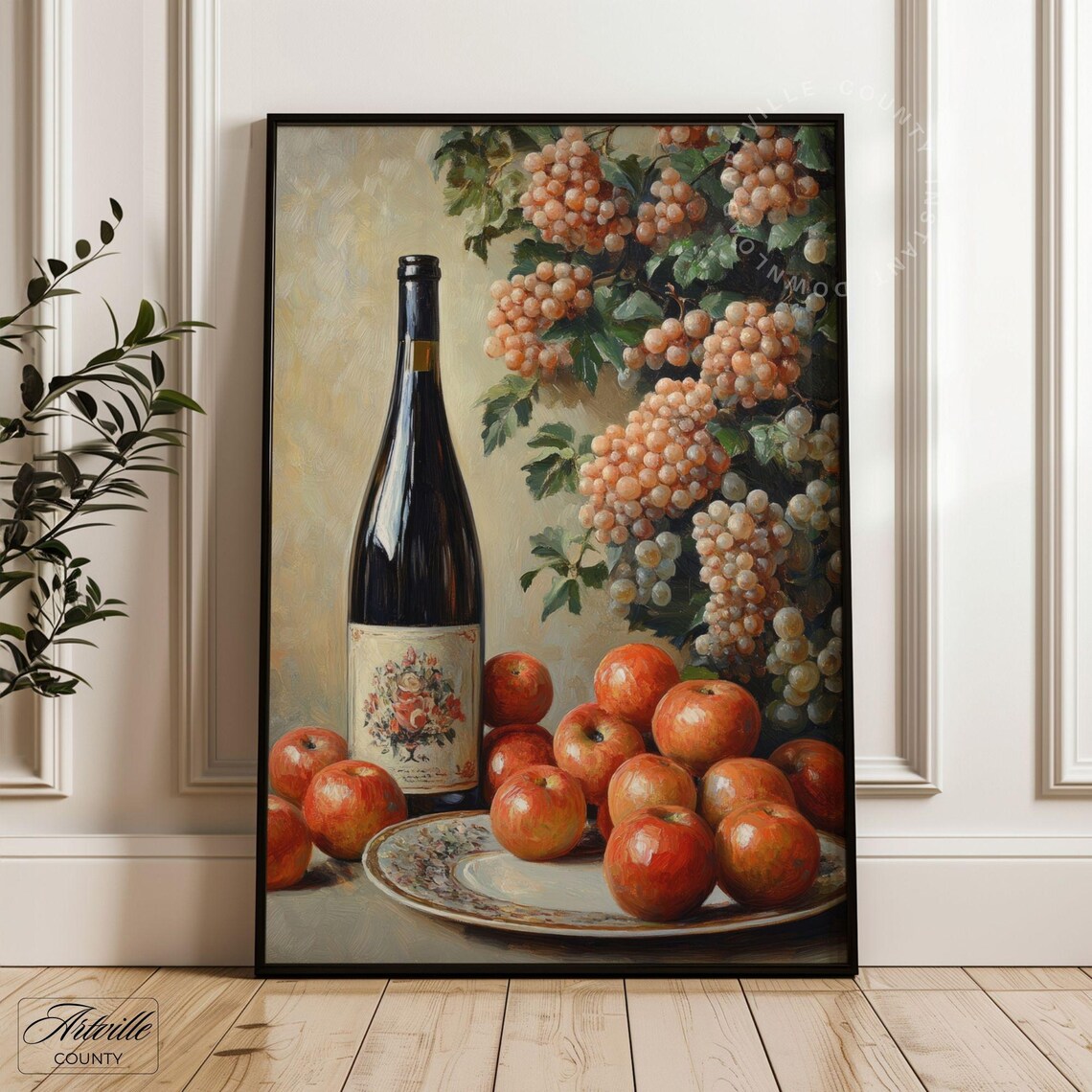 Vintage Wine Bottle Apples and Grapes Still Life Painting Poster