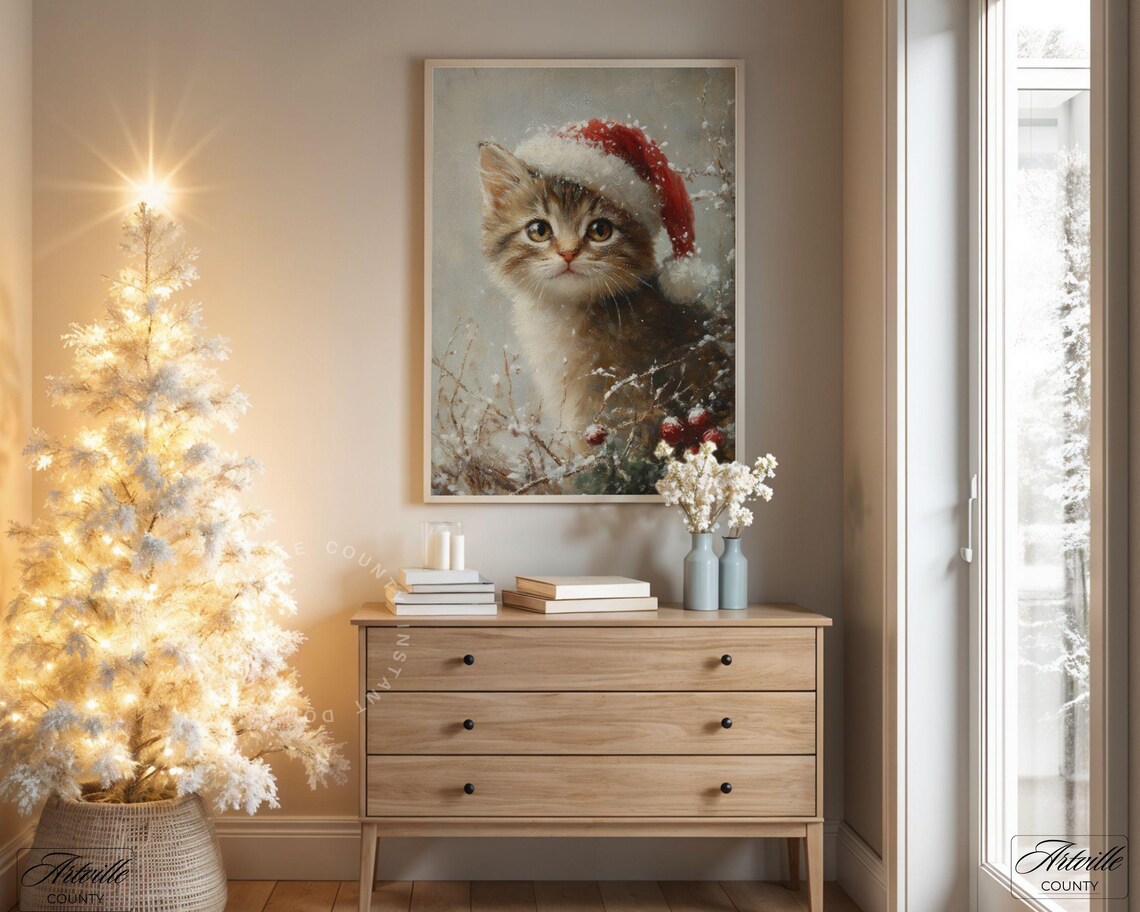 Christmas Kitten Santa Hat Snow Vintage Cat Holiday Painting Wall Art
