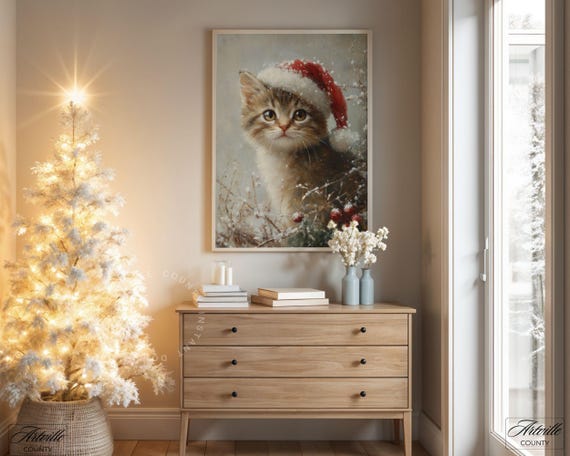 Cute Christmas Kitty Wall Art Vintage Cat In Santa Hat Painting Holiday Pet Print Winter Animal Nursery Decor