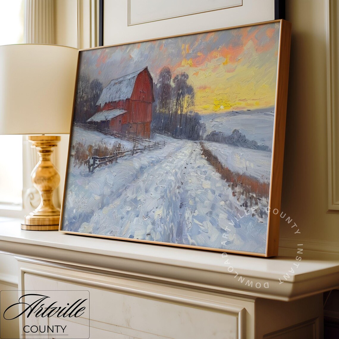 Red Barn in Snow Sunset Winter Farm Vintage Oil Painting Poster - Image 4