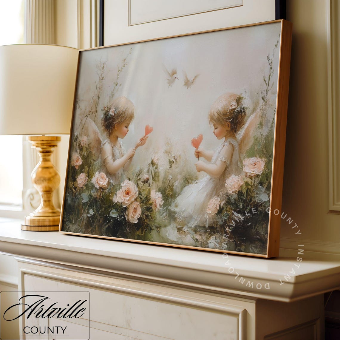 Two Angels Roses Heartwarming Vintage Nursery Painting Poster - Image 2