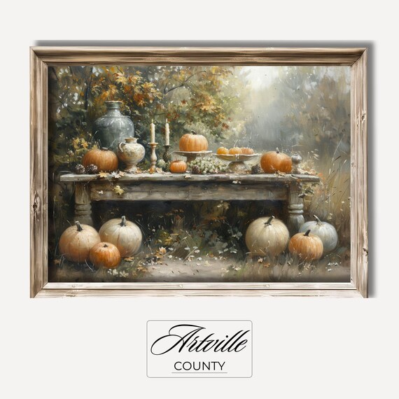 Autumn Harvest Table Outdoors Pumpkins Candles Still Life Poster