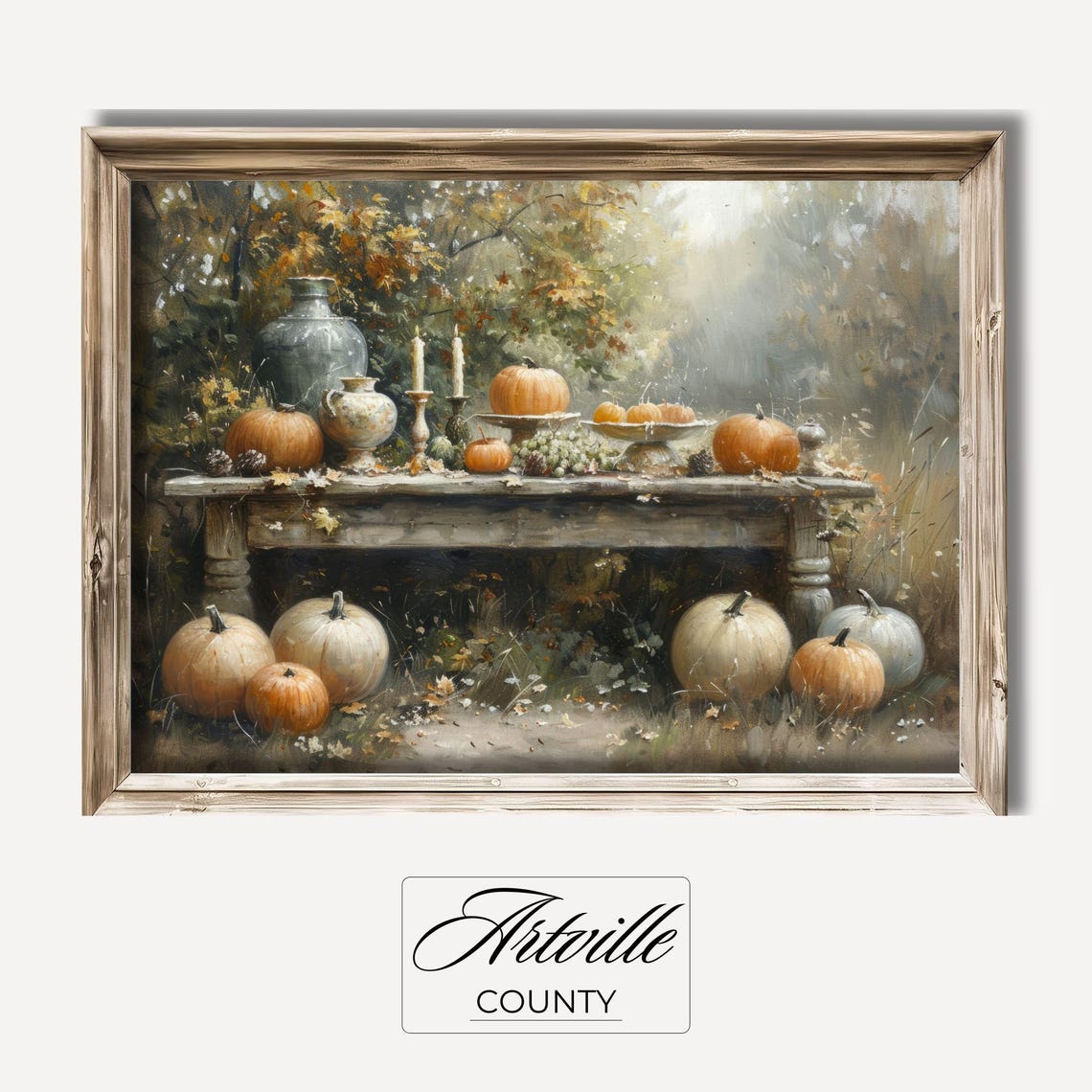 Autumn Harvest Table Outdoors Pumpkins Candles Still Life Poster