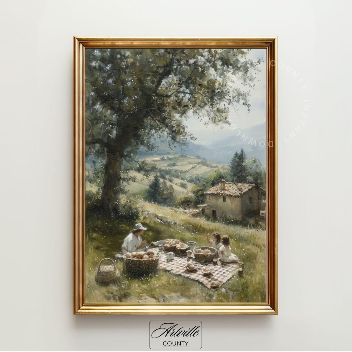Countryside Picnic Oil Painting Cottagecore Art Print Farmhouse Wall Art Nature Vintage Print Family Picnic Wall Art - Image 2