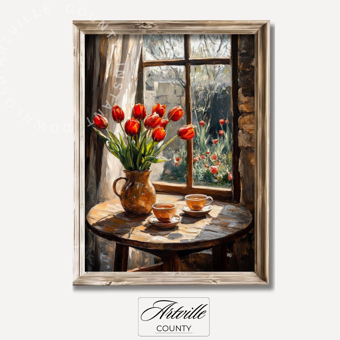 Red Tulips Still Life Painting Vintage Floral Kitchen Wall Art