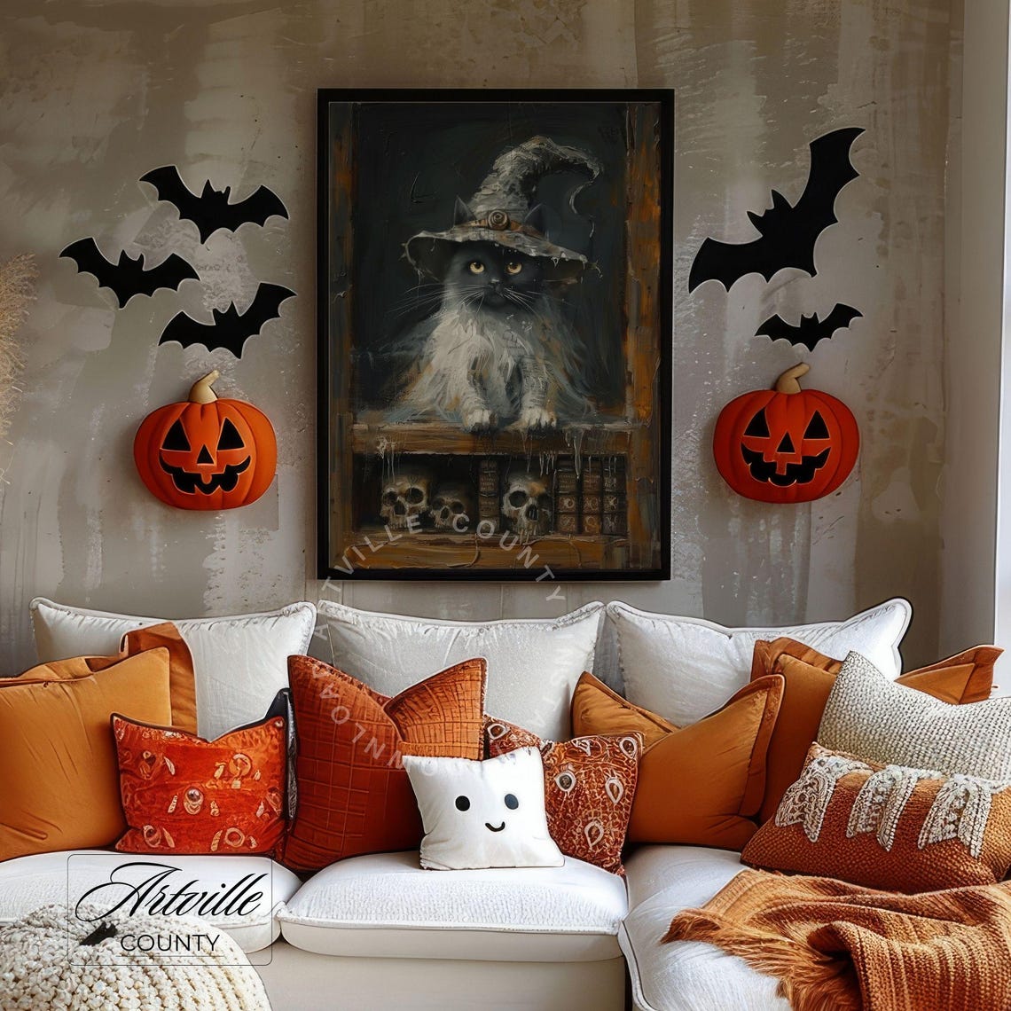 Black Cat in Witch Hat on Spell Bookshelf Skull Halloween Poster - Image 4