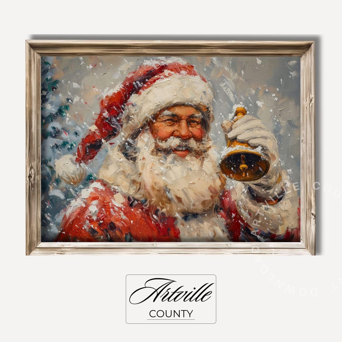Jolly Santa Claus with Bell Snowfall Vintage Christmas Poster