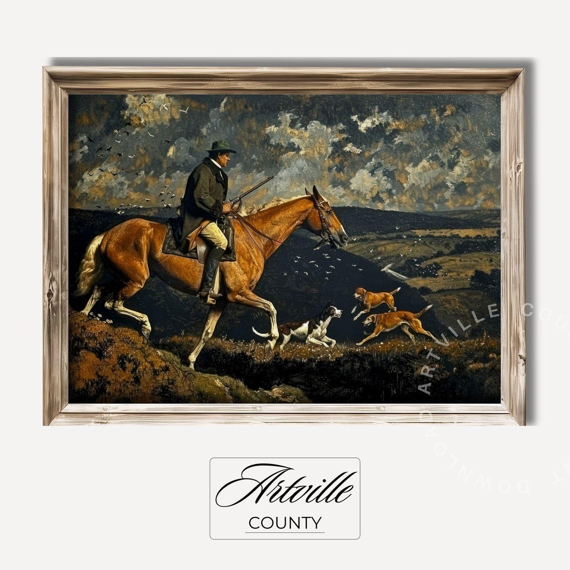 Horseback Hunter Hounds Moody Moorland Vintage Equestrian Poster