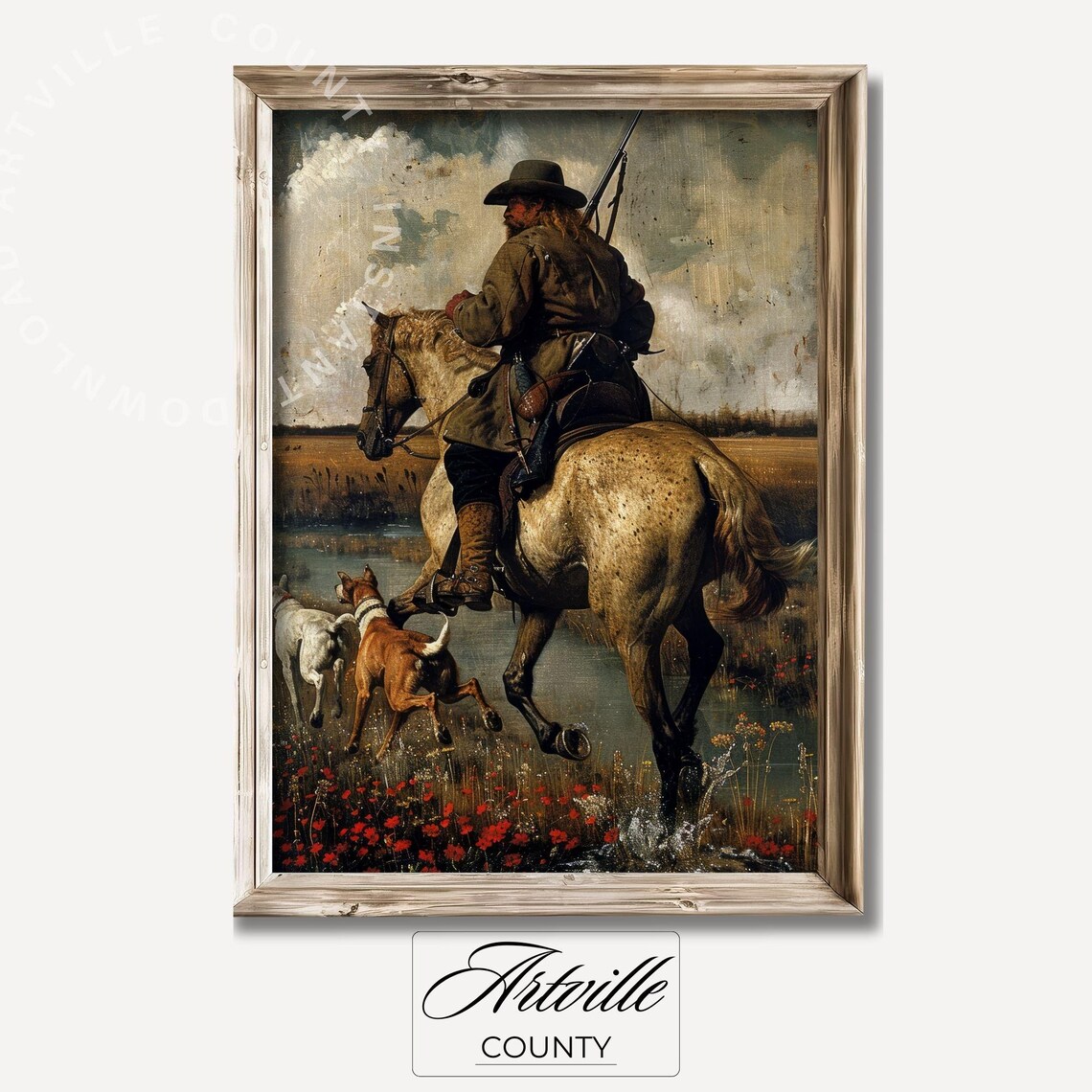 Vintage Hunting Scene Rider on Horseback with Dogs Oil Painting Poster