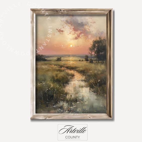Vintage Country Sunset Painting Nature Art Print Moody Landscape Farmhouse Decor Antique Wall